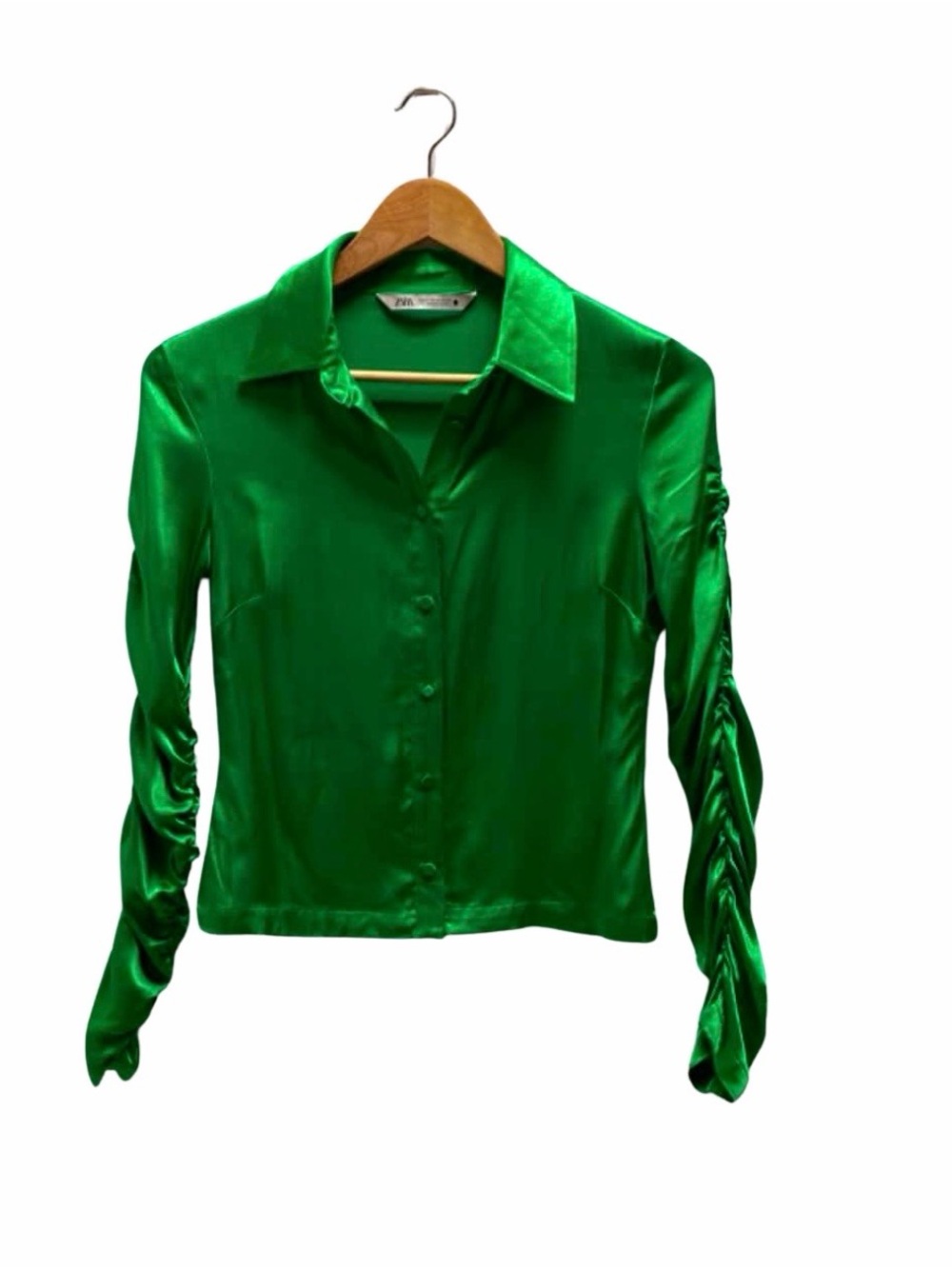Zara Emerald Green Satin Button-Down Shirt with Ruched Sleeves